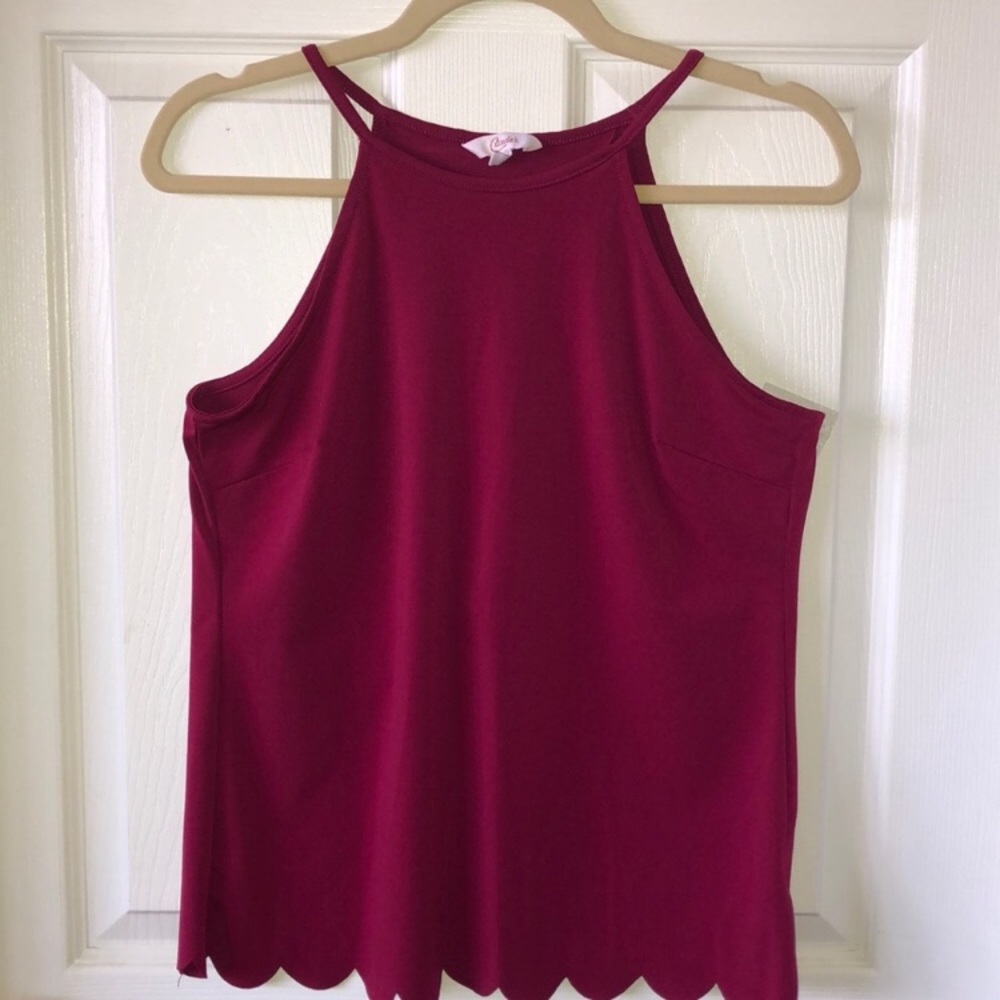 Candie’s maroon scalloped open back tank top